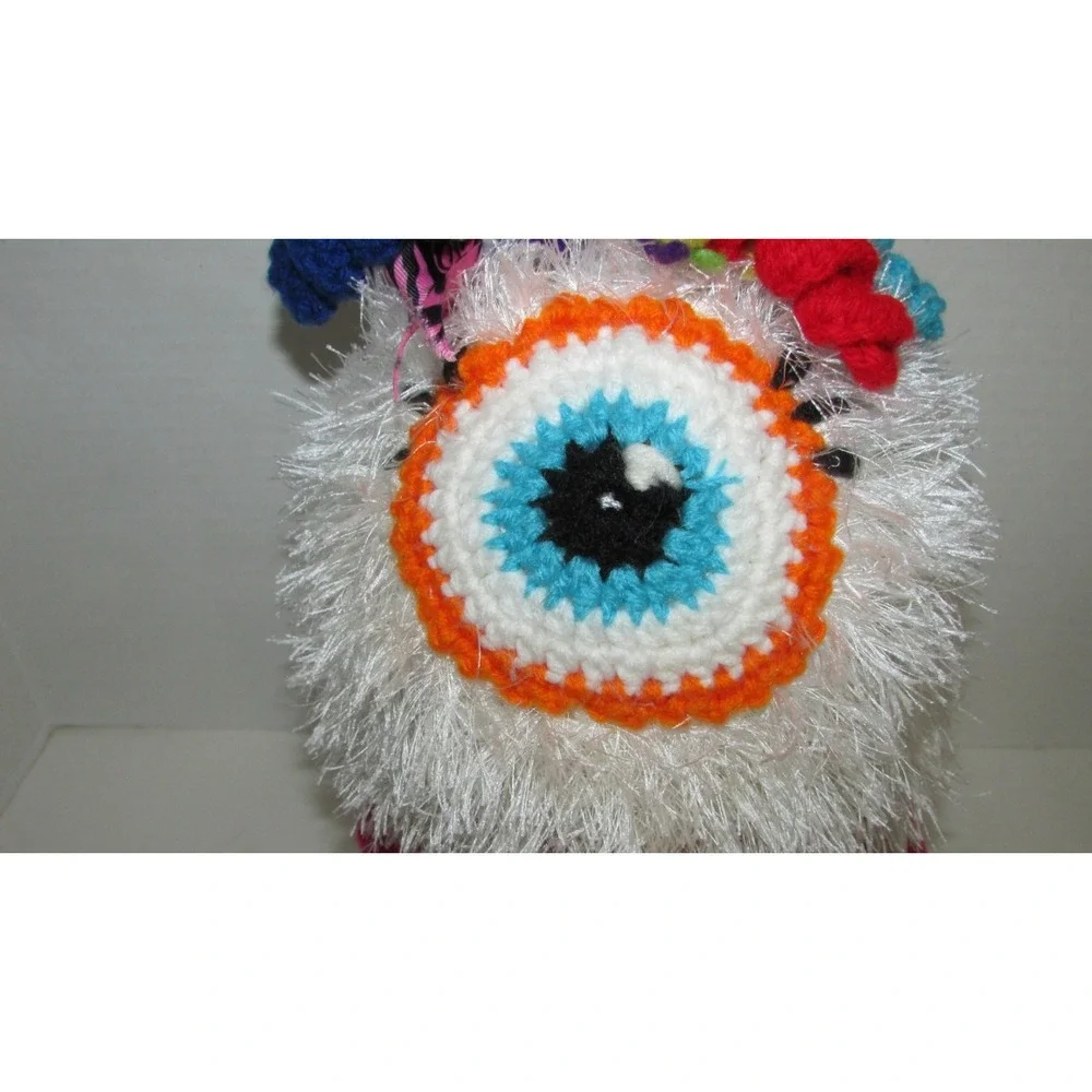 Hand made crocheted one‎ eyed cyclops monster fun fur curly ques bow winter hat